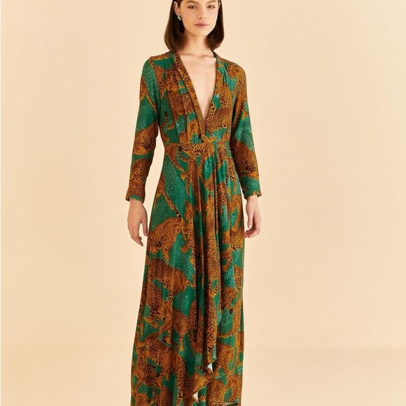 Farm Rio Green Artsy Leopard Print Maxi Dress - Picture 1 of 3